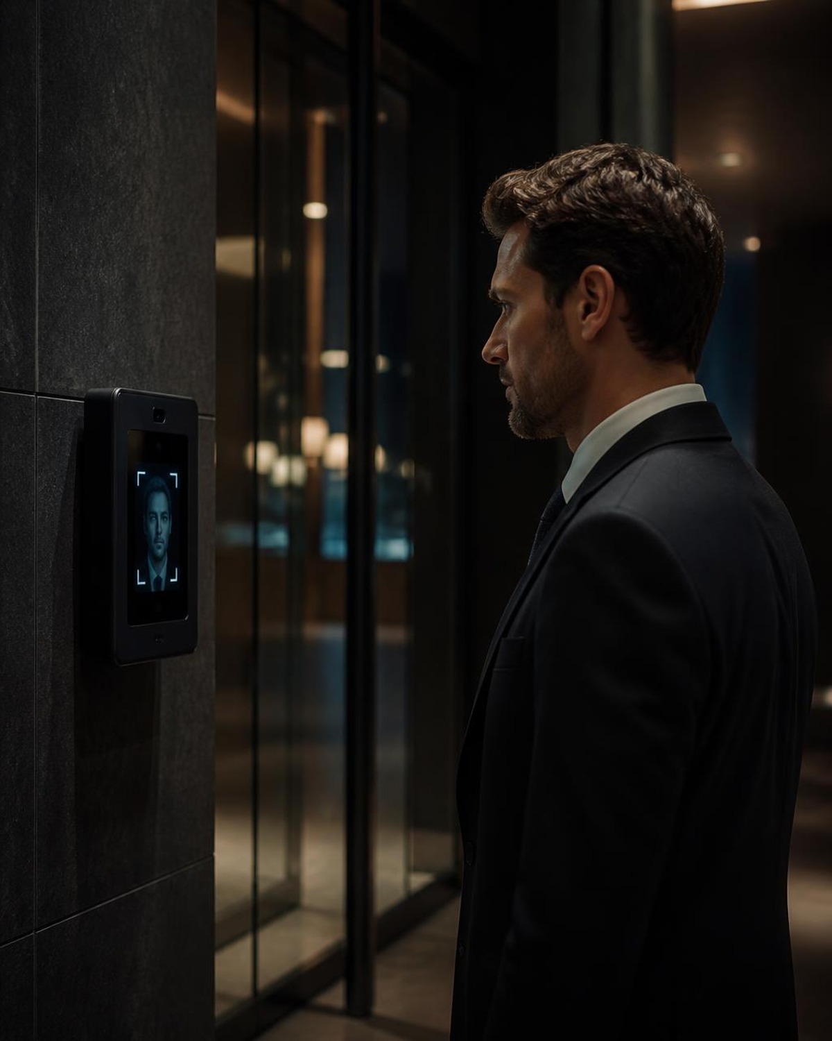 Terminal de controle de acesso com reconhecimento facial em lobby corporativo