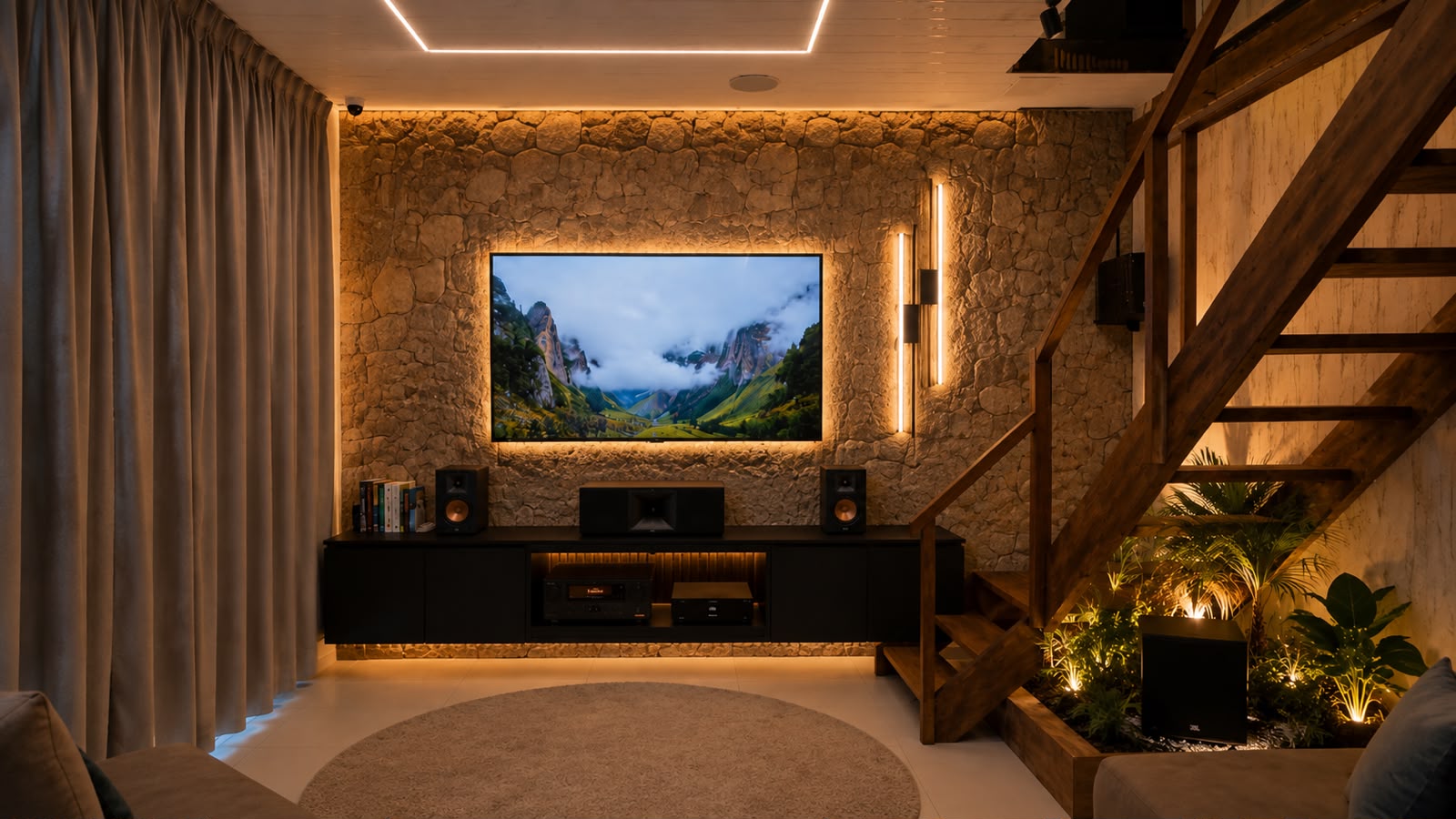 Sala de home theater com projeção e áudio calibrado