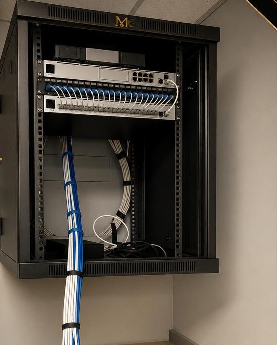 Rack organizado com cabeamento estruturado, patch panel e switches