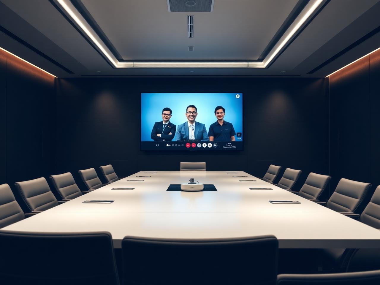 Sala de reunião e videoconferência corporativa automatizada